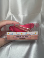 Kirby Chocolate Milk Squishy Mascot side view with gold ball chain in clear box