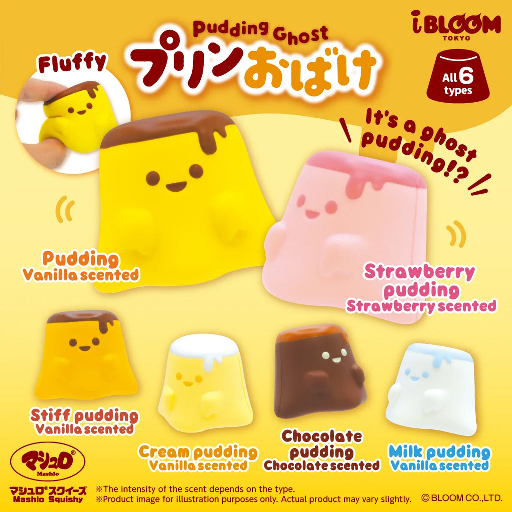 iBLOOM Pudding Ghost Squishy capsule toy collection with cute scented pudding designs