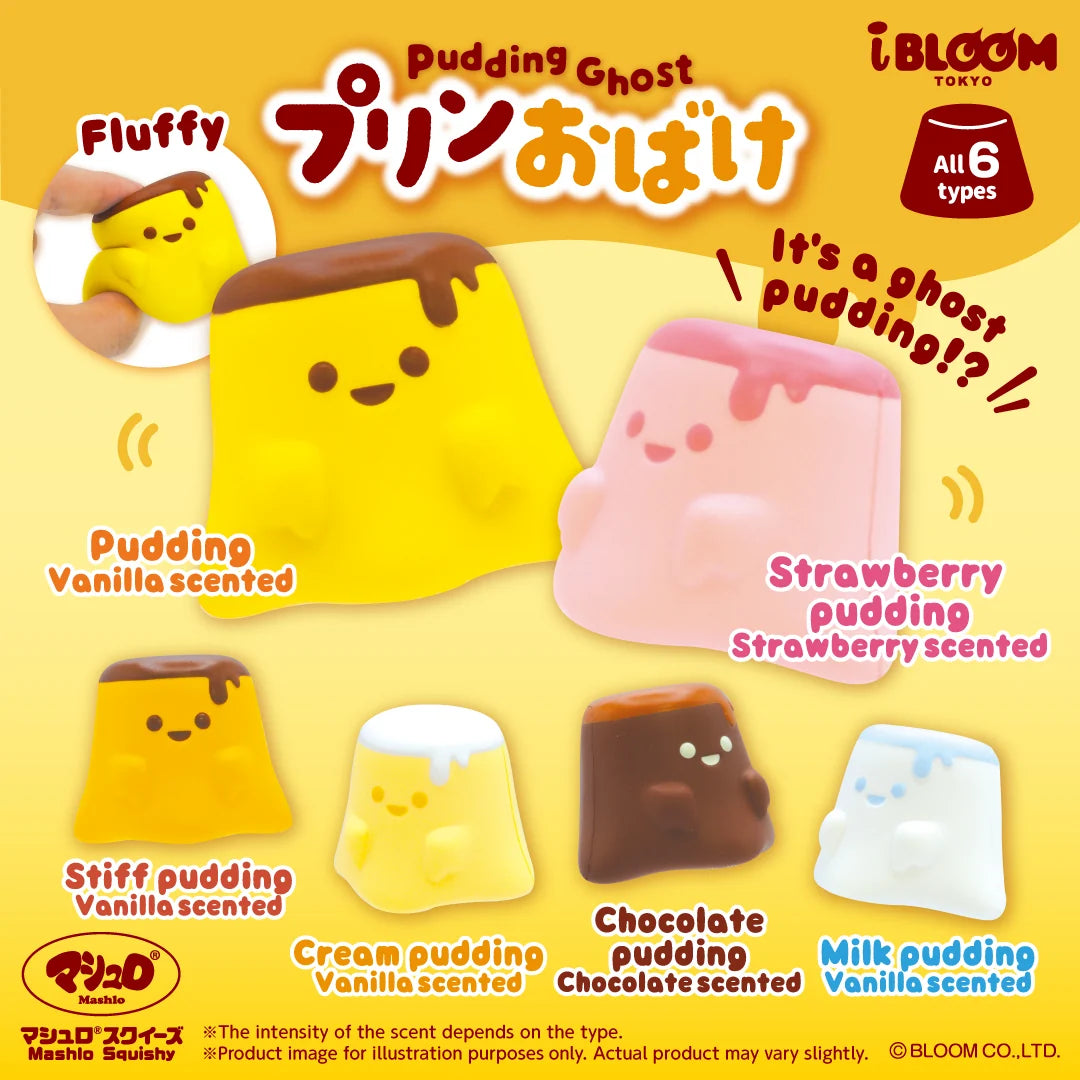 iBLOOM Pudding Ghost Squishy capsule toy collection with cute scented pudding designs