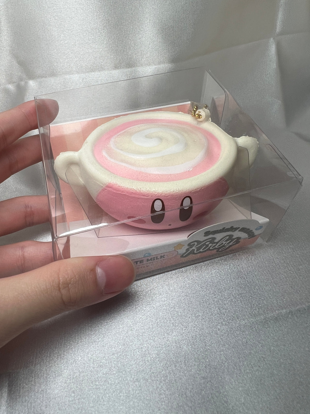 Kirby Strawberry Milk Squishy Mascot top and front view in clear display box