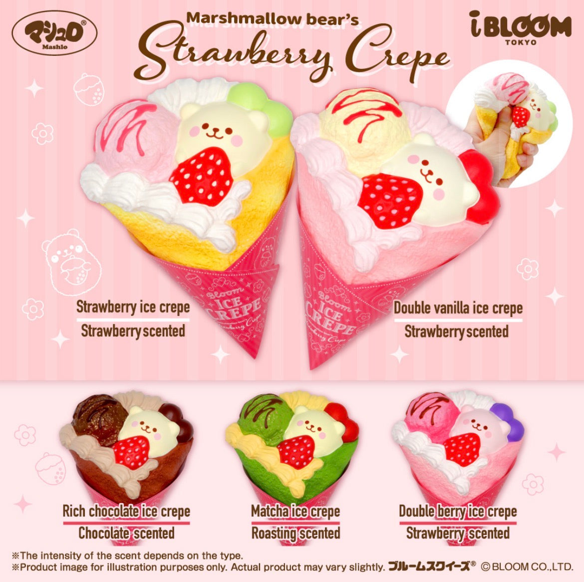 i-BLOOM Marshmallow Bear Strawberry Crepe Squishy | Rare Large Marmo Crepe