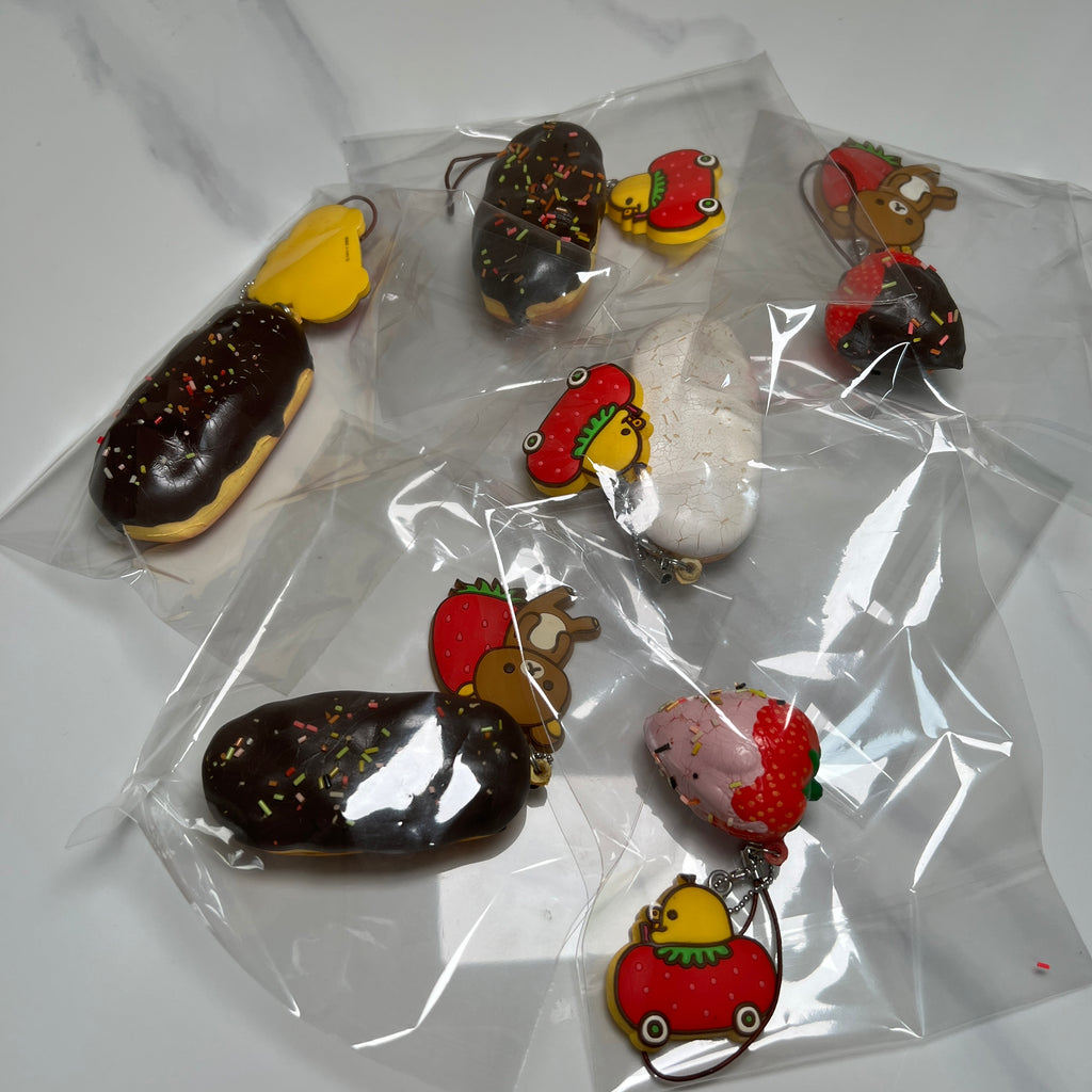 Full set of rare 2009 San-X Rilakkuma Kiiroitori chocolate eclair squishy mascot straps group photo