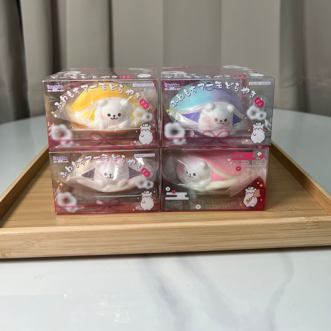 iBLOOM Mini Fluffy Marmo Dorayaki Vol.2 Squishy collectible boxes featuring four designs
