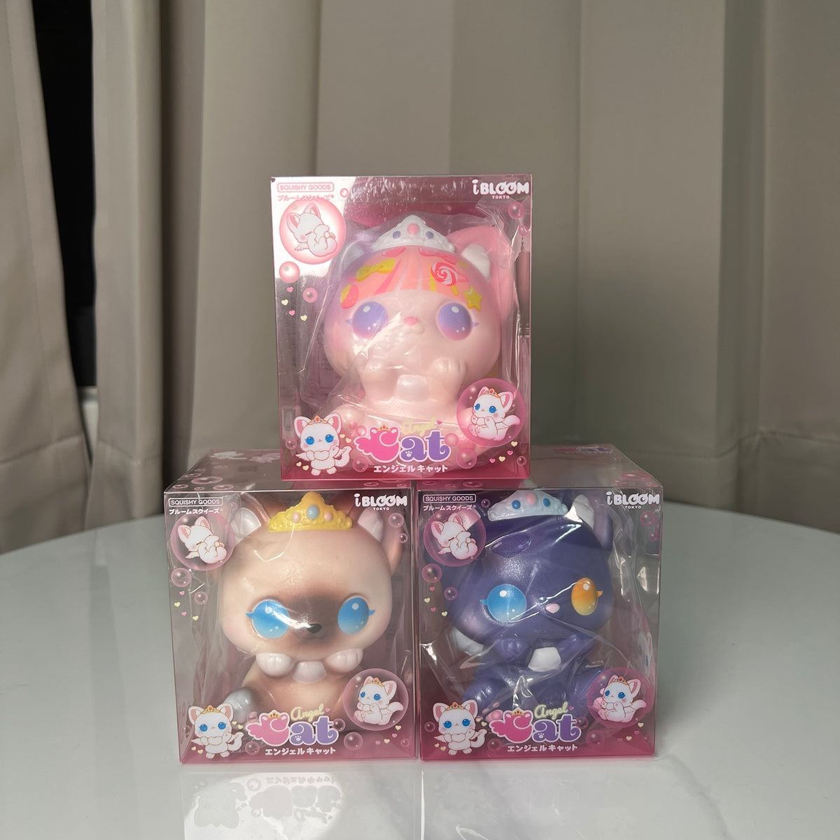 iBLOOM Angel Cat squishy three styles in original boxes: pink Misty Decora, brown Peche and purple Fonilo