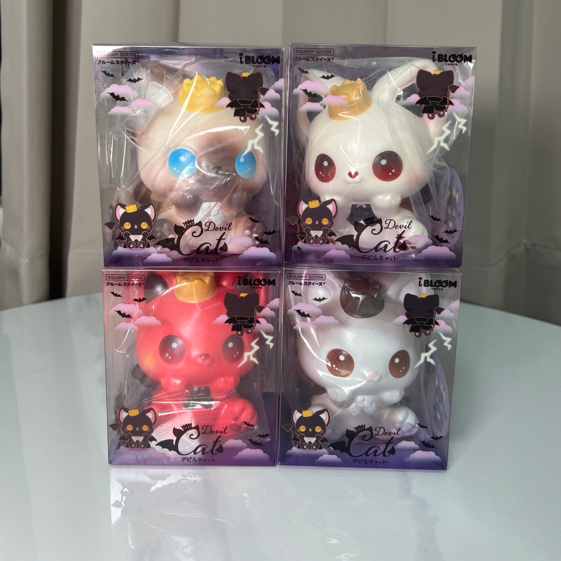 Four iBLOOM Devil Cat squishies in original boxes: Mocha, Schedel, Latte and Huram