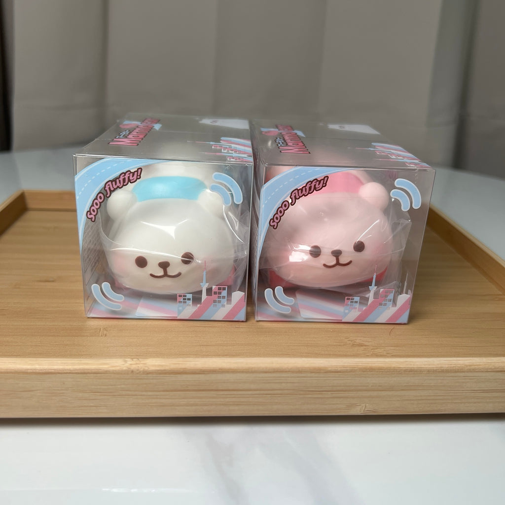 i-BLOOM Marmo Car Squishy Set of 2, white vanilla and pink strawberry, front view in original boxes