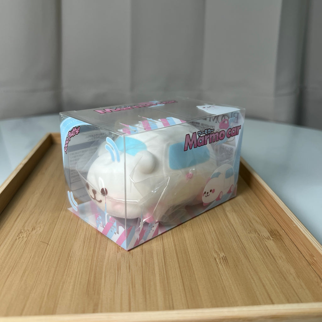 White i-BLOOM Marmo Car squishy, vanilla scented marshmallow bear car in clear packaging