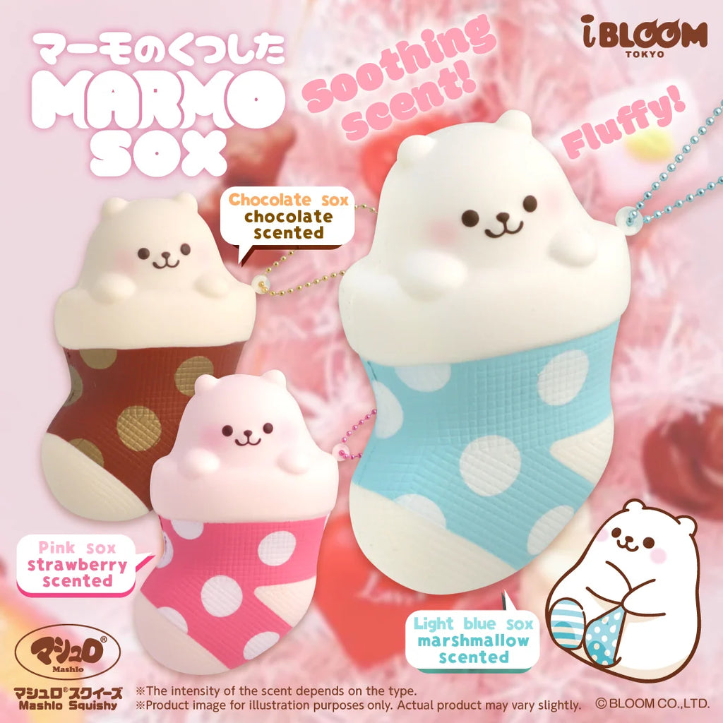 iBLOOM Marmo Sox squishy collection featuring cute marshmallow bear characters in colorful sock designs