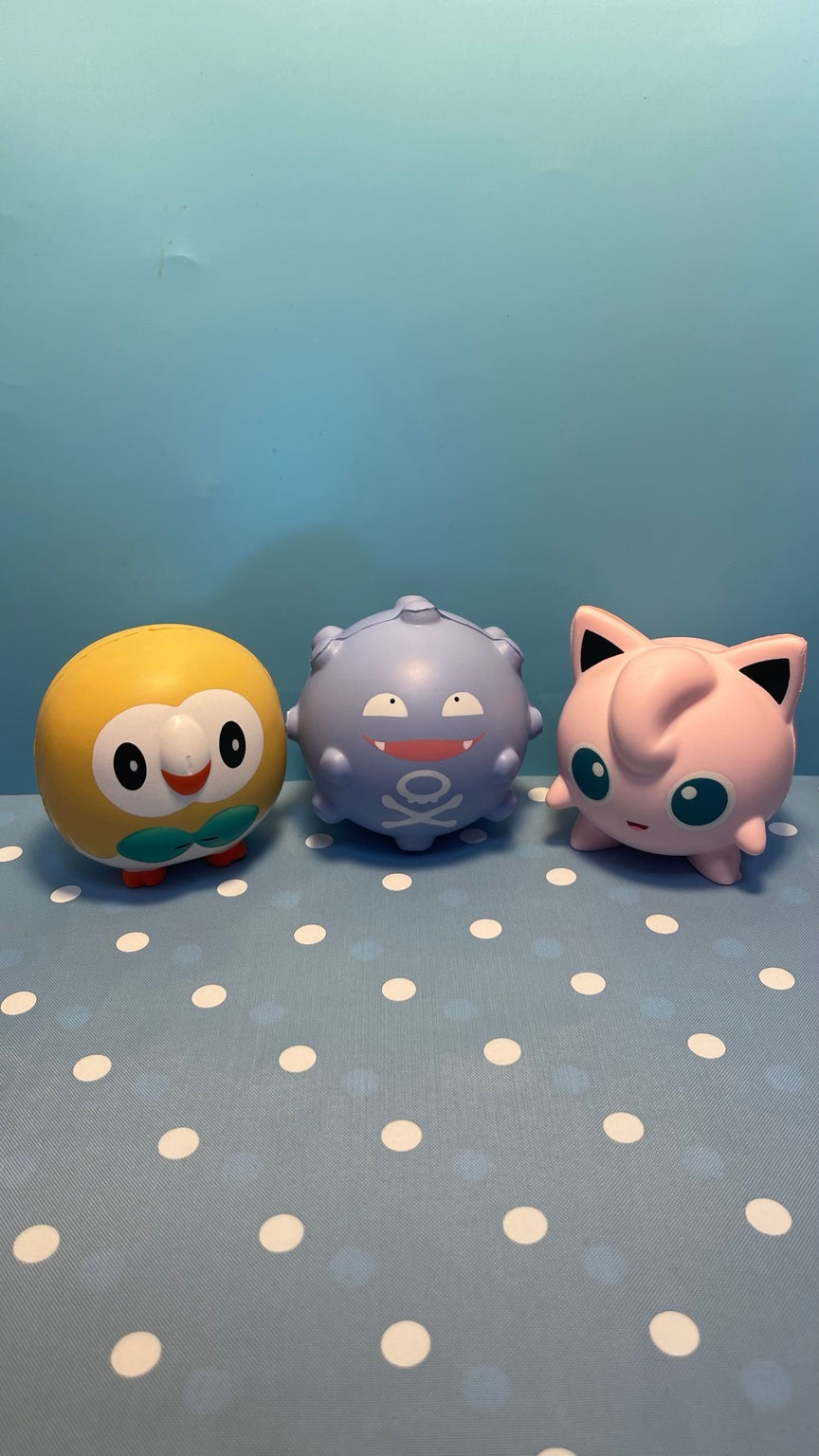 Pokemon squishy figure blind box collection featuring Rowlet, Koffing, and Jigglypuff