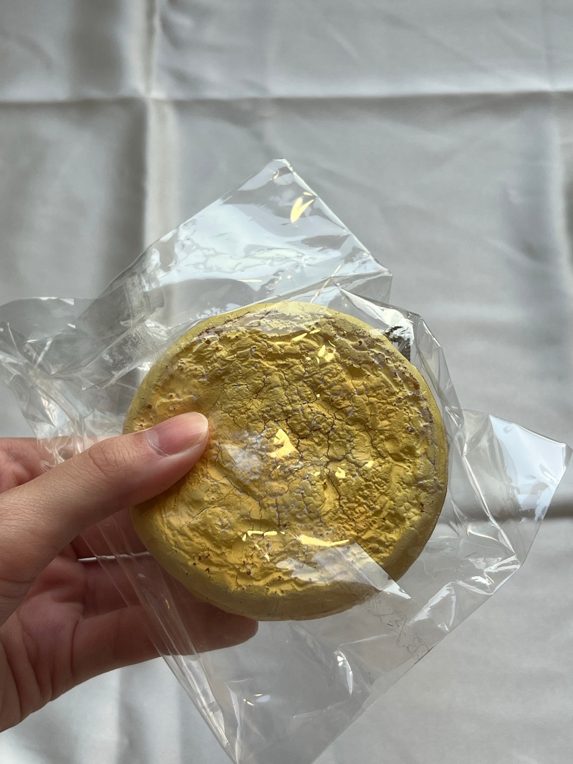 Back of vintage Pompompurin melon bread squishy showing severe surface cracking and deterioration