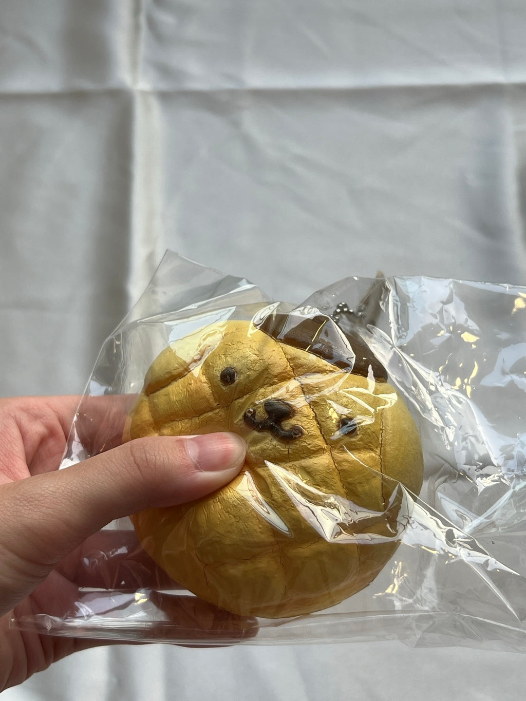 Front view of vintage Sanrio Pompompurin melon bread squishy in original plastic packaging showing extensive cracks and age-related damage